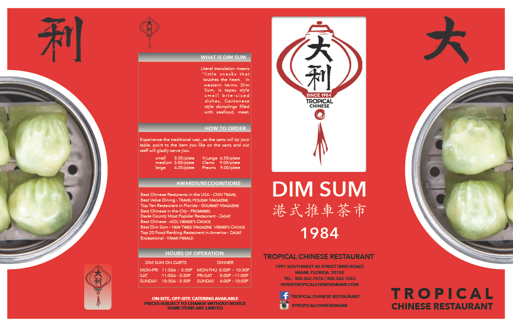 Topical Chinese Miami dimsum menu